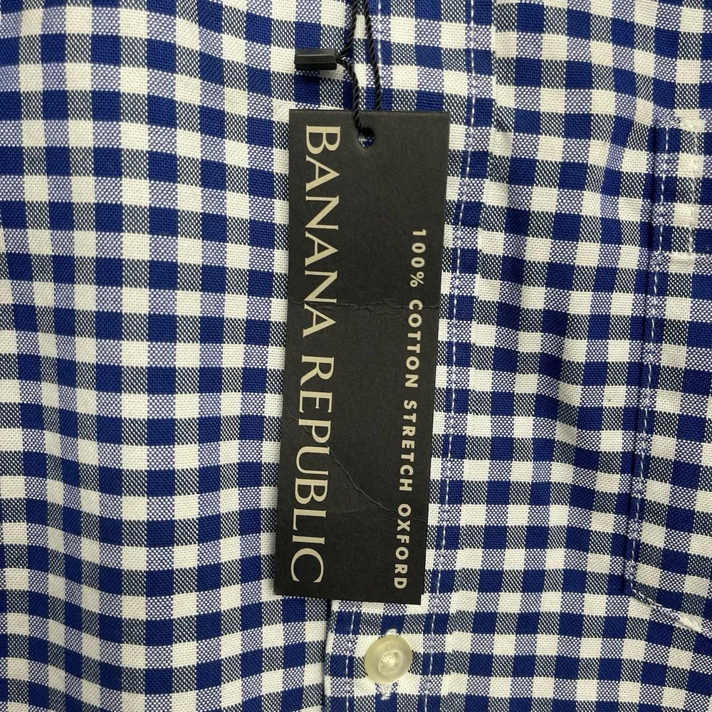 Banana Republic Dress Shirt Mens Medium Grant-Fit Luxe Blue Gingham Button NWT